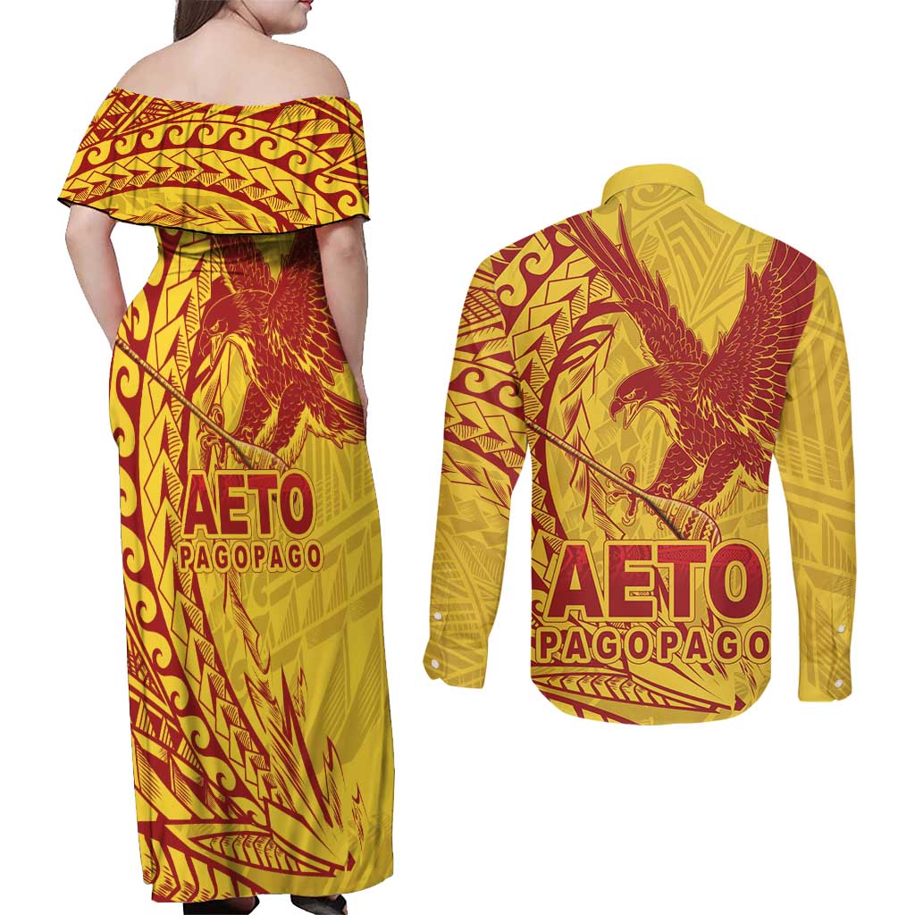 Samoa Pago Pago Aeto Couples Matching Off Shoulder Maxi Dress and Long Sleeve Button Shirt Wingstyle Red-Gold Color - Polynesian Pride