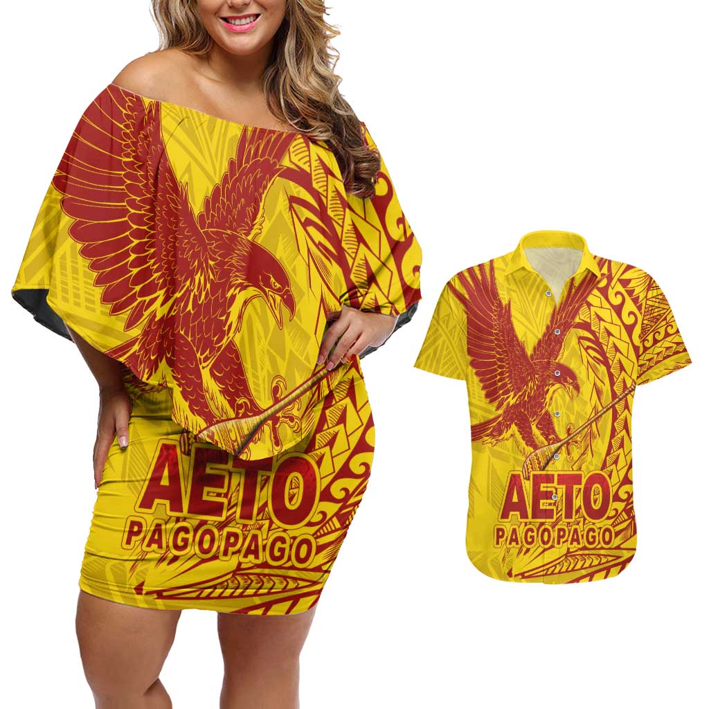 Samoa Pago Pago Aeto Couples Matching Off Shoulder Short Dress and Hawaiian Shirt Wingstyle Red-Gold Color - Polynesian Pride