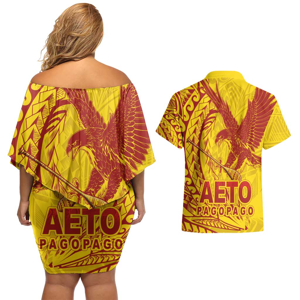 Samoa Pago Pago Aeto Couples Matching Off Shoulder Short Dress and Hawaiian Shirt Wingstyle Red-Gold Color - Polynesian Pride