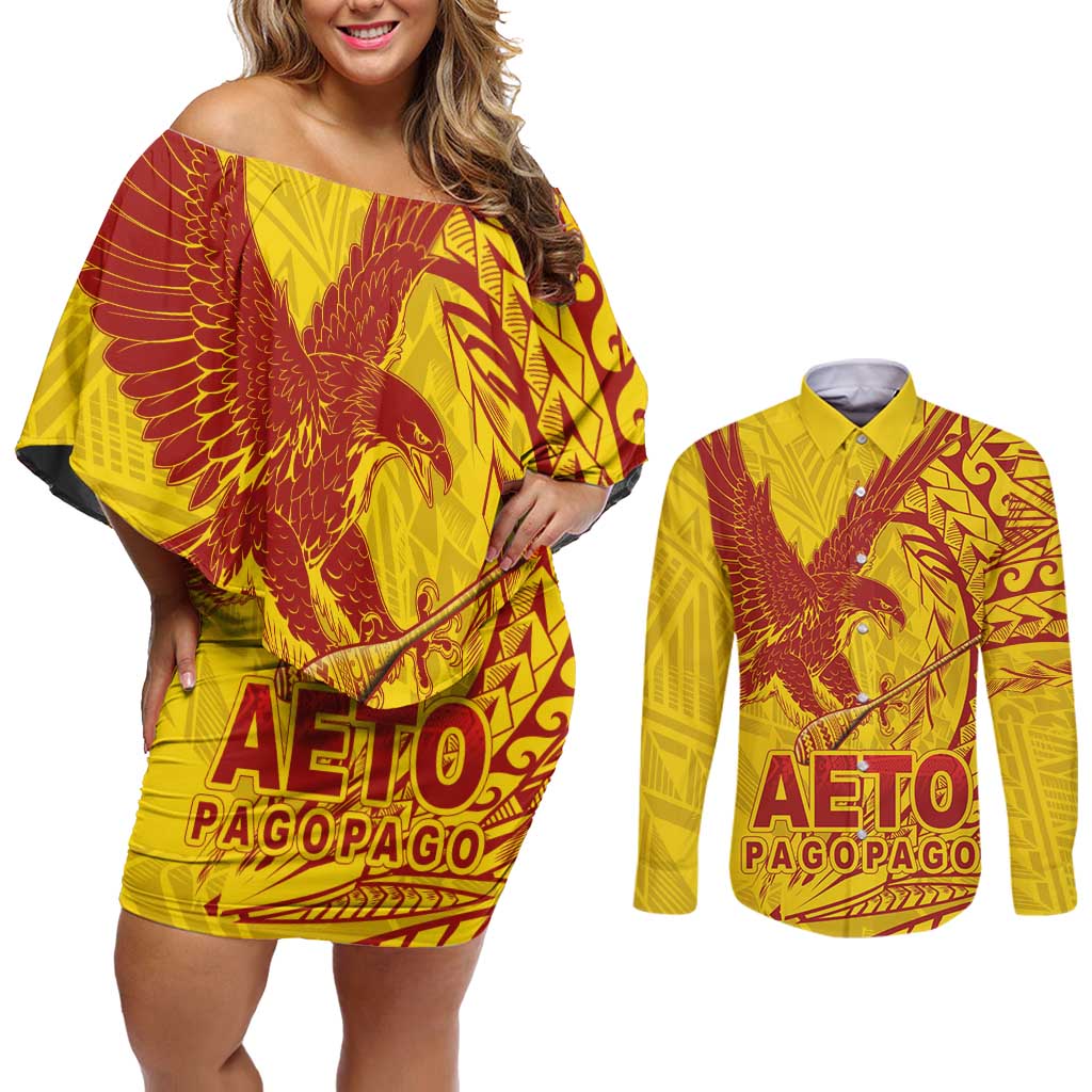 American Samoa Pago Pago Aeto Couples Matching Off Shoulder Short Dress and Long Sleeve Button Shirt Wingstyle Red-Gold Color LT03 Yellow - Polynesian Pride