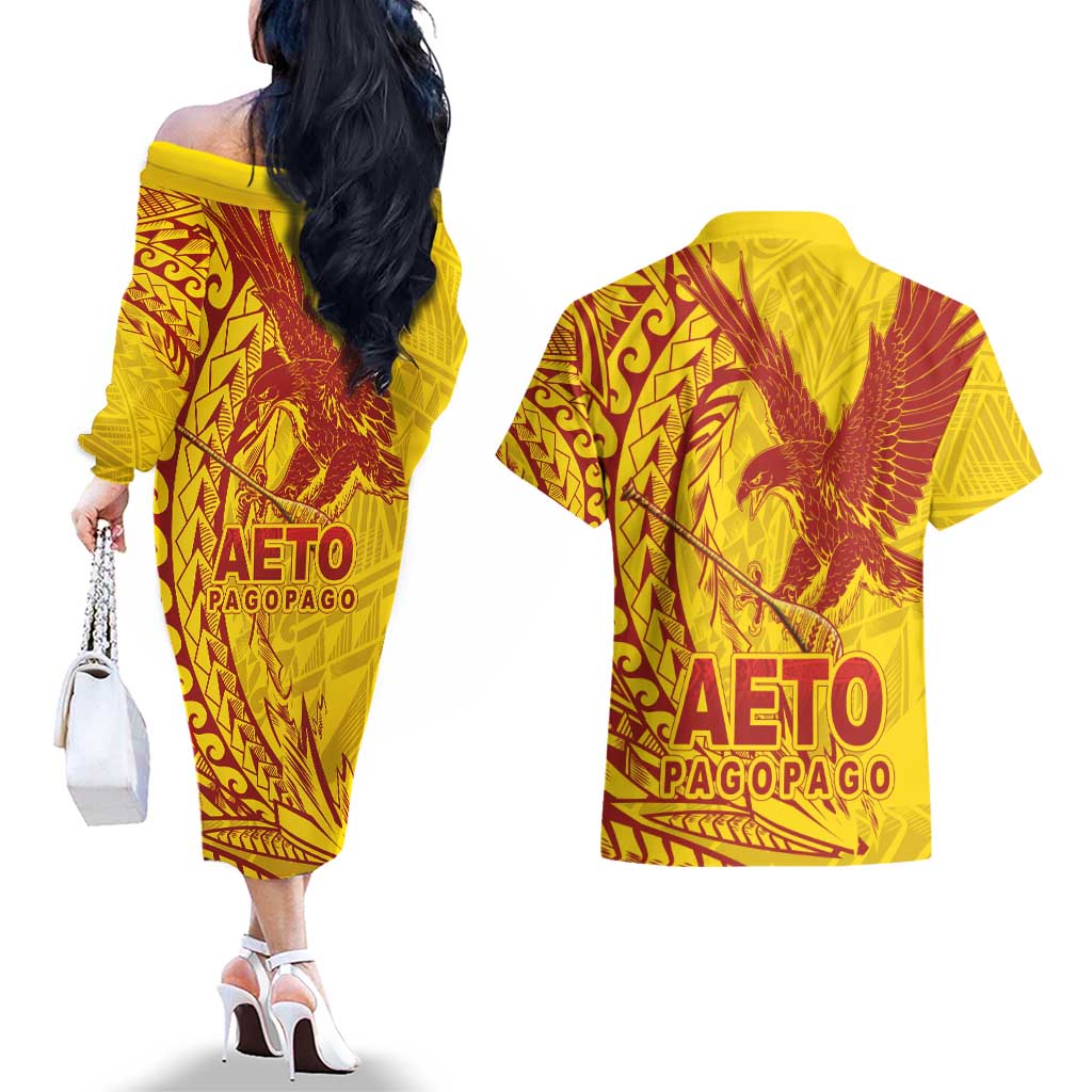 Samoa Pago Pago Aeto Couples Matching Off The Shoulder Long Sleeve Dress and Hawaiian Shirt Wingstyle Red-Gold Color - Polynesian Pride
