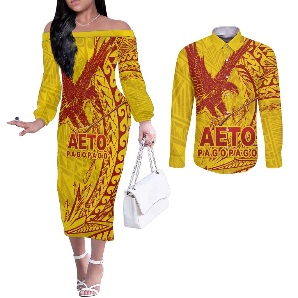 American Samoa Pago Pago Aeto Couples Matching Off The Shoulder Long Sleeve Dress and Long Sleeve Button Shirt Wingstyle Red-Gold Color LT03 Yellow - Polynesian Pride