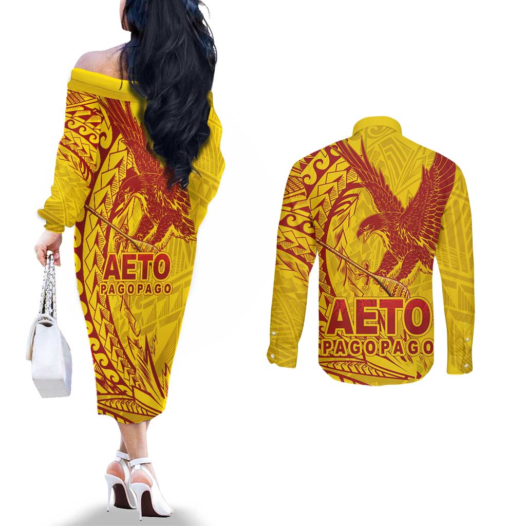 Samoa Pago Pago Aeto Couples Matching Off The Shoulder Long Sleeve Dress and Long Sleeve Button Shirt Wingstyle Red-Gold Color - Polynesian Pride