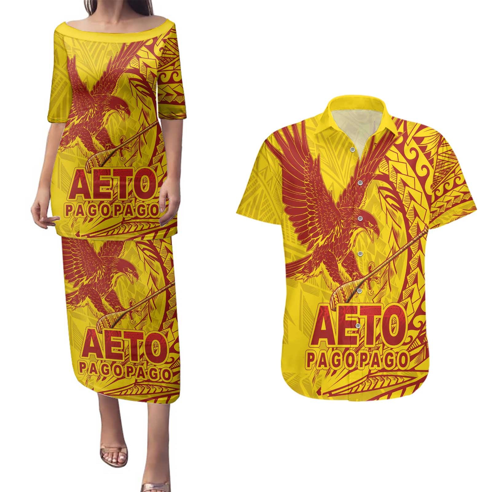 American Samoa Pago Pago Aeto Couples Matching Puletasi and Hawaiian Shirt Wingstyle Red-Gold Color LT03 Yellow - Polynesian Pride
