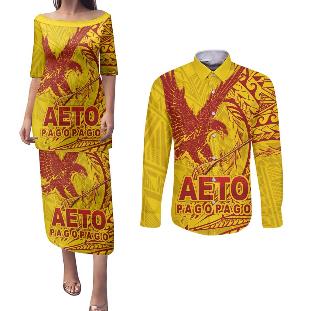American Samoa Pago Pago Aeto Couples Matching Puletasi and Long Sleeve Button Shirt Wingstyle Red-Gold Color LT03 Yellow - Polynesian Pride