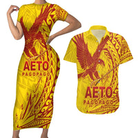 Samoa Pago Pago Aeto Couples Matching Short Sleeve Bodycon Dress and Hawaiian Shirt Wingstyle Red-Gold Color - Polynesian Pride