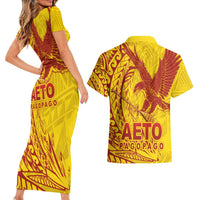 Samoa Pago Pago Aeto Couples Matching Short Sleeve Bodycon Dress and Hawaiian Shirt Wingstyle Red-Gold Color - Polynesian Pride