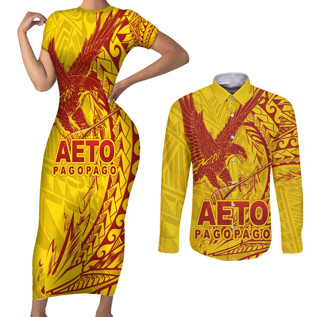 American Samoa Pago Pago Aeto Couples Matching Short Sleeve Bodycon Dress and Long Sleeve Button Shirt Wingstyle Red-Gold Color LT03 Yellow - Polynesian Pride