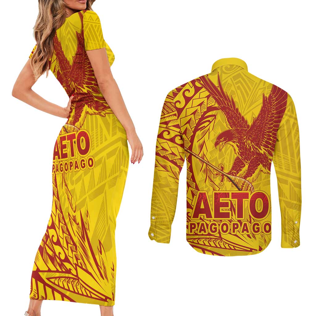 Samoa Pago Pago Aeto Couples Matching Short Sleeve Bodycon Dress and Long Sleeve Button Shirt Wingstyle Red-Gold Color - Polynesian Pride