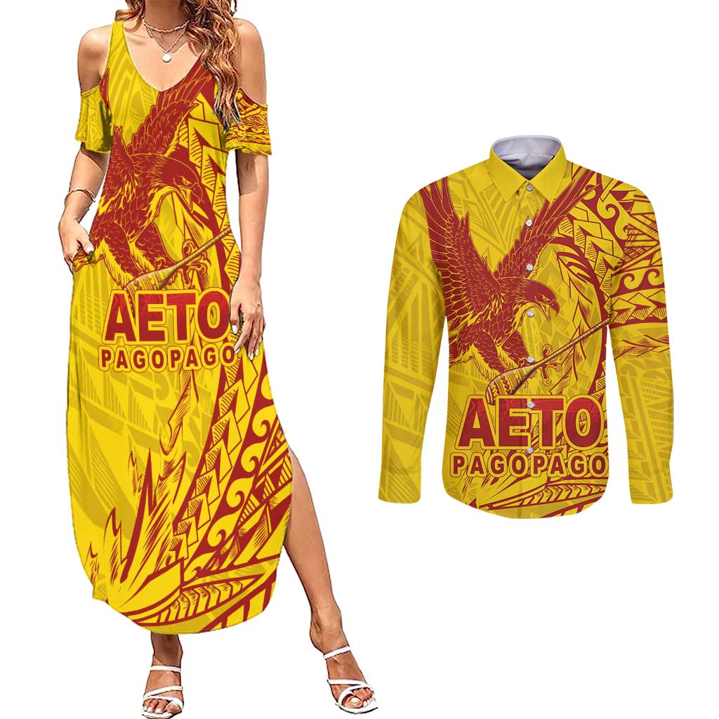 American Samoa Pago Pago Aeto Couples Matching Summer Maxi Dress and Long Sleeve Button Shirt Wingstyle Red-Gold Color LT03 Yellow - Polynesian Pride
