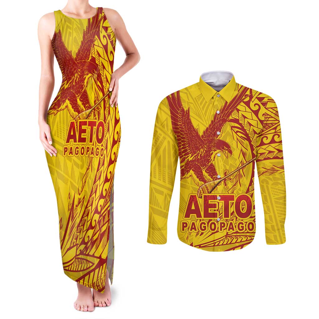American Samoa Pago Pago Aeto Couples Matching Tank Maxi Dress and Long Sleeve Button Shirt Wingstyle Red-Gold Color LT03 Yellow - Polynesian Pride