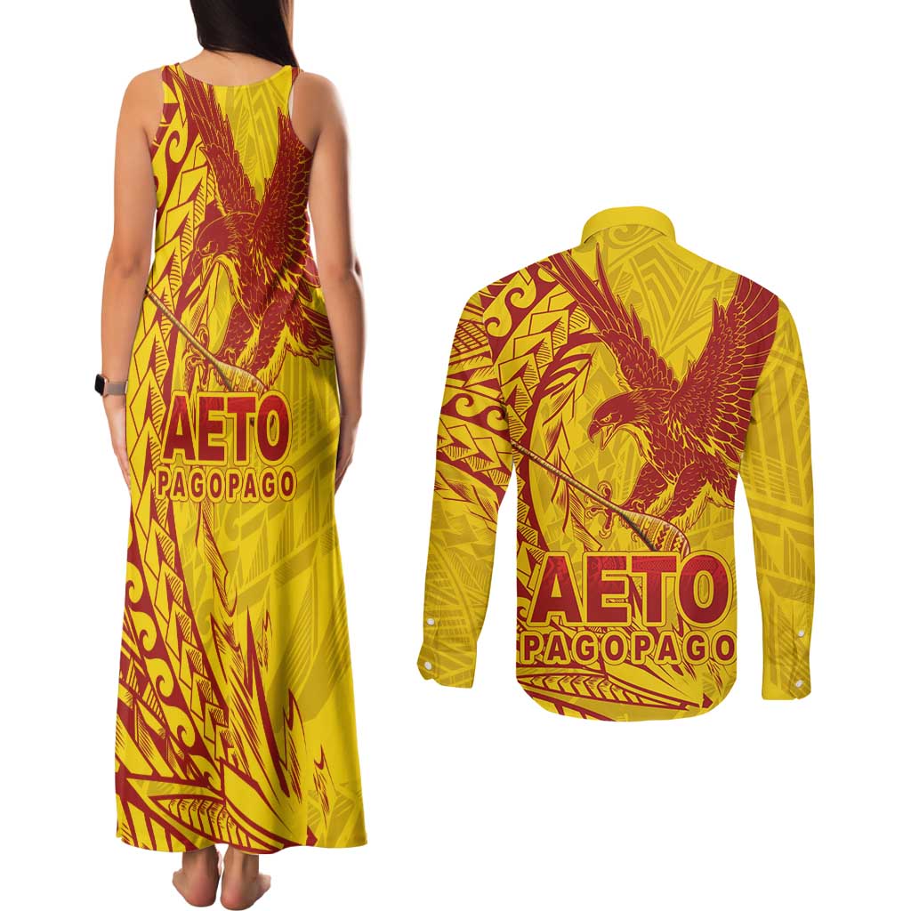 Samoa Pago Pago Aeto Couples Matching Tank Maxi Dress and Long Sleeve Button Shirt Wingstyle Red-Gold Color - Polynesian Pride