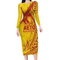 Samoa Pago Pago Aeto Family Matching Long Sleeve Bodycon Dress and Hawaiian Shirt Wingstyle Red-Gold Color - Polynesian Pride