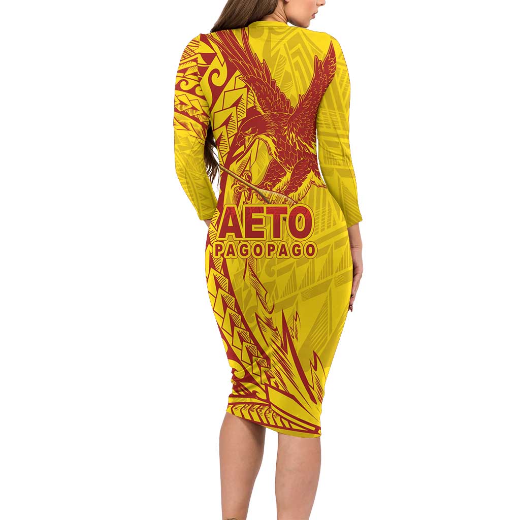 Samoa Pago Pago Aeto Family Matching Long Sleeve Bodycon Dress and Hawaiian Shirt Wingstyle Red-Gold Color - Polynesian Pride
