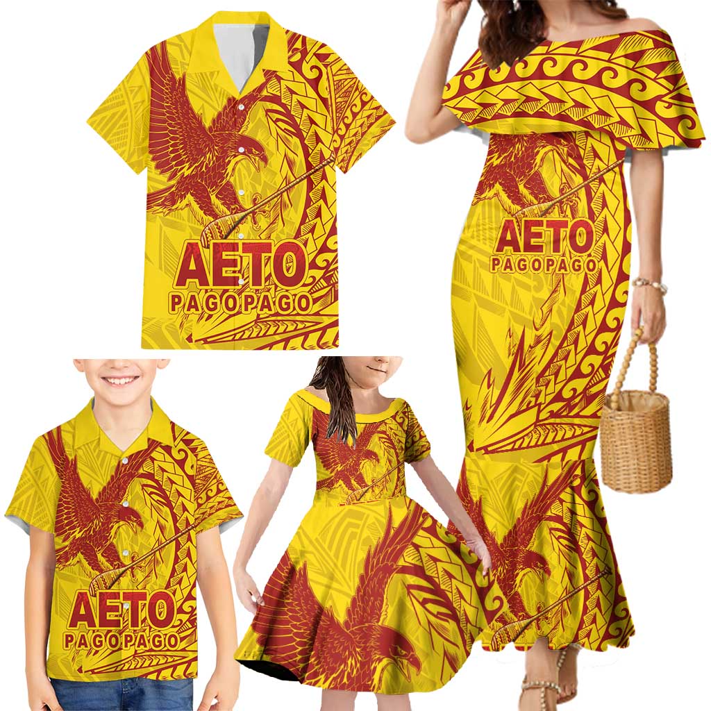 Samoa Pago Pago Aeto Family Matching Mermaid Dress and Hawaiian Shirt Wingstyle Red-Gold Color - Polynesian Pride