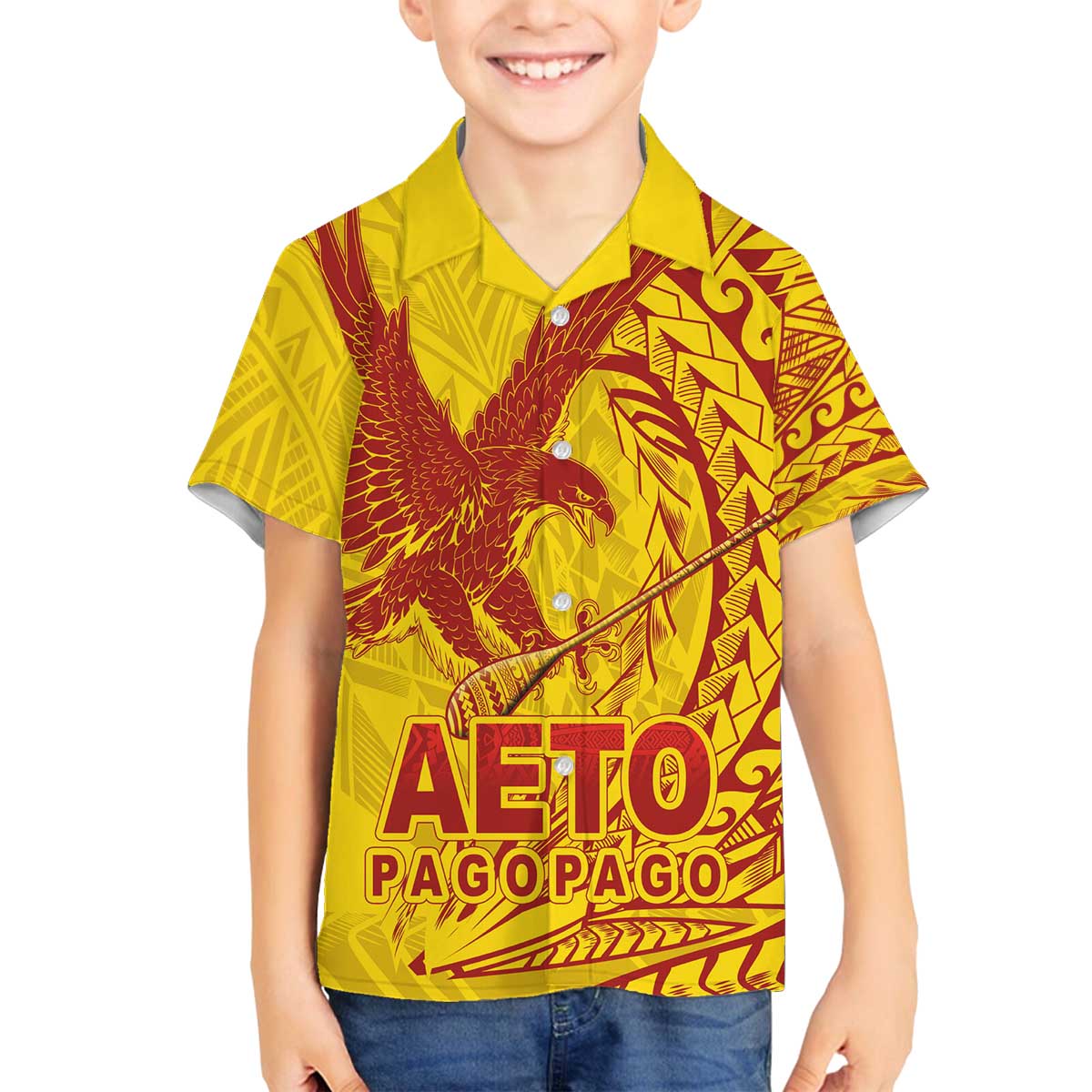 Samoa Pago Pago Aeto Family Matching Off The Shoulder Long Sleeve Dress and Hawaiian Shirt Wingstyle Red-Gold Color - Polynesian Pride