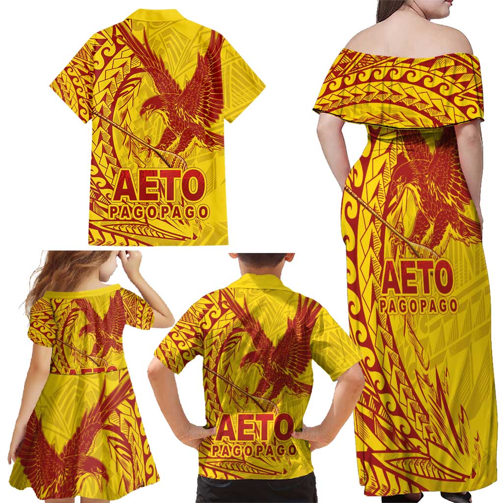 Samoa Pago Pago Aeto Family Matching Off Shoulder Maxi Dress and Hawaiian Shirt Wingstyle Red-Gold Color - Polynesian Pride