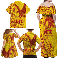 Samoa Pago Pago Aeto Family Matching Off Shoulder Maxi Dress and Hawaiian Shirt Wingstyle Red-Gold Color - Polynesian Pride