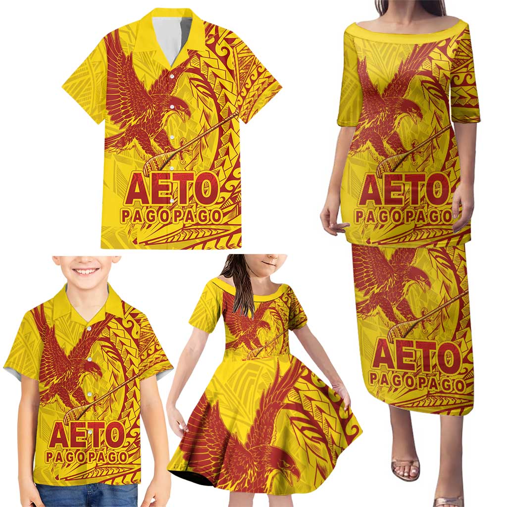 Samoa Pago Pago Aeto Family Matching Puletasi and Hawaiian Shirt Wingstyle Red-Gold Color - Polynesian Pride
