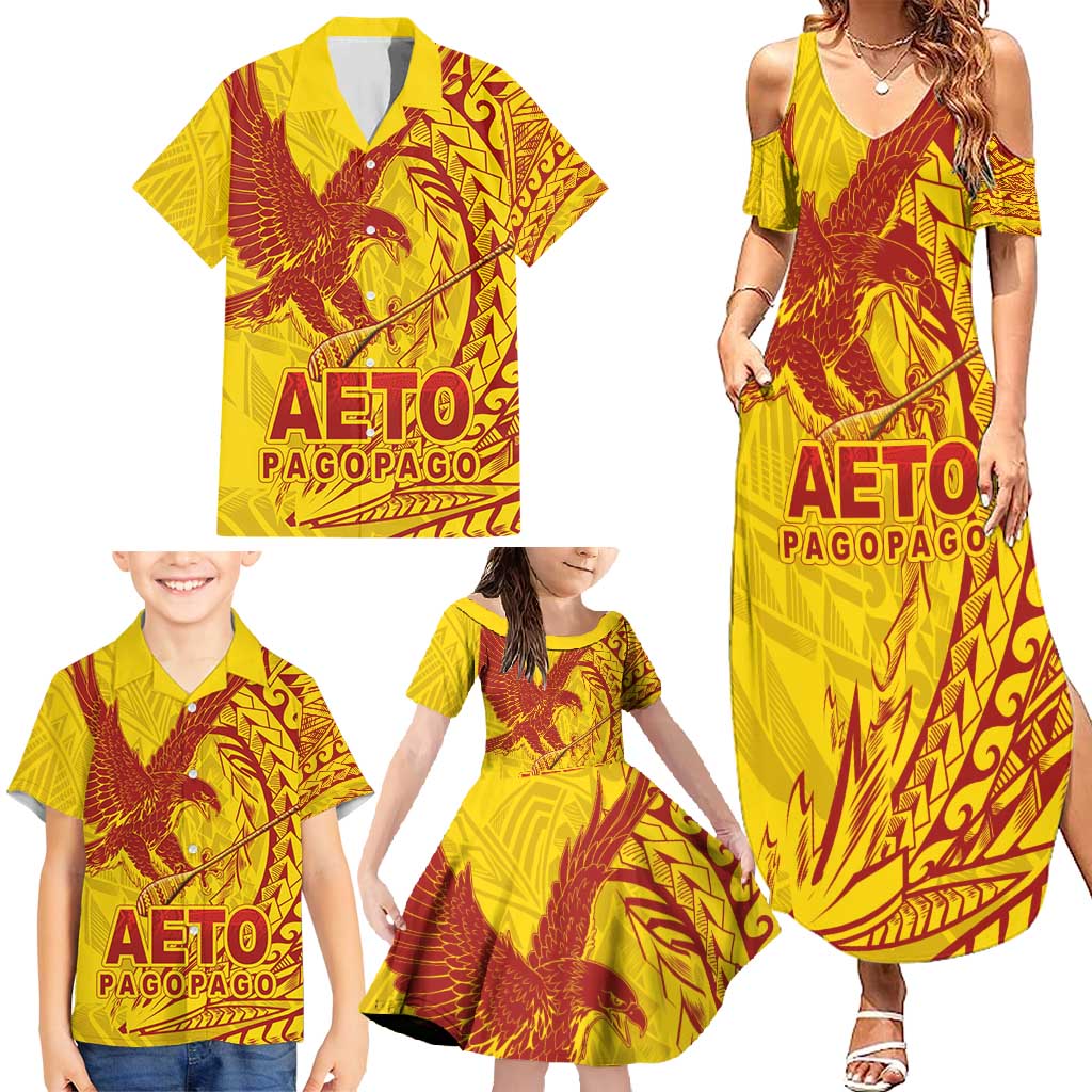 Samoa Pago Pago Aeto Family Matching Summer Maxi Dress and Hawaiian Shirt Wingstyle Red-Gold Color - Polynesian Pride