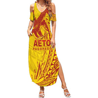 Samoa Pago Pago Aeto Family Matching Summer Maxi Dress and Hawaiian Shirt Wingstyle Red-Gold Color - Polynesian Pride
