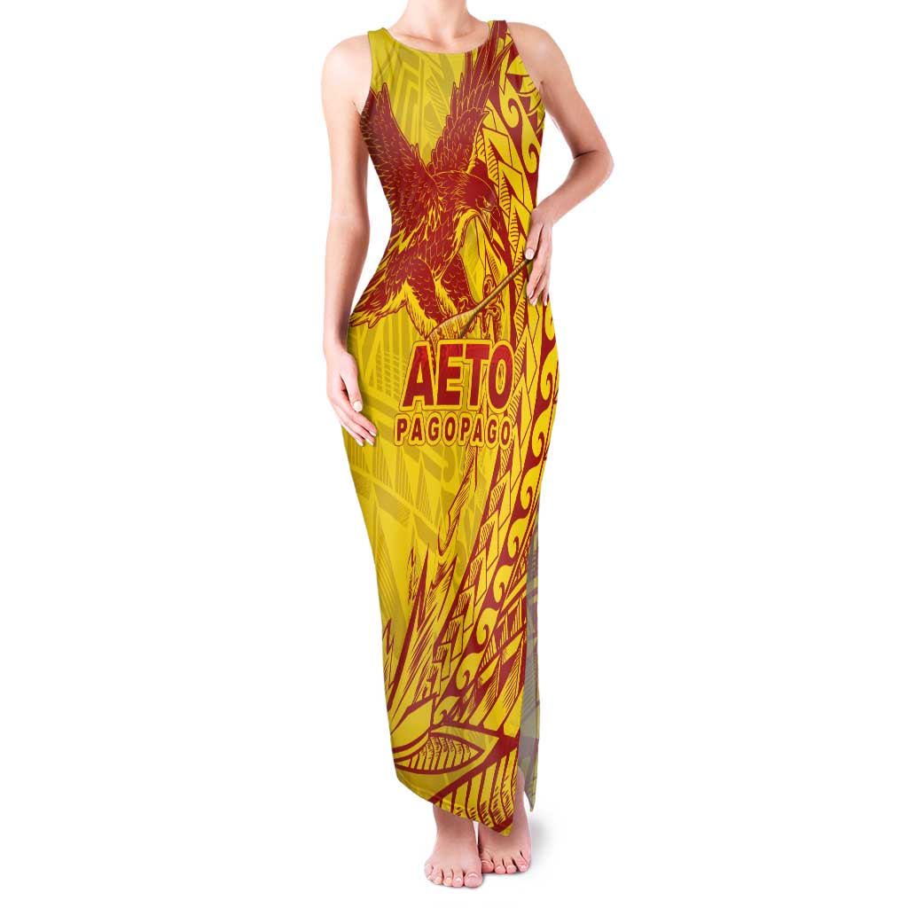 Samoa Pago Pago Aeto Family Matching Tank Maxi Dress and Hawaiian Shirt Wingstyle Red-Gold Color - Polynesian Pride
