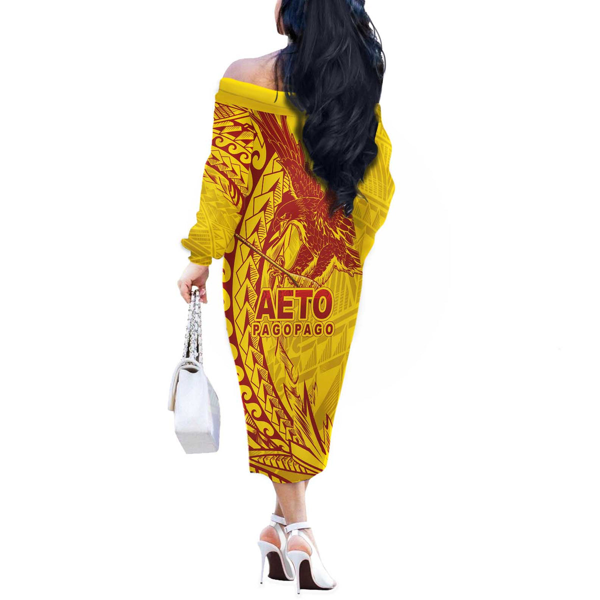 Samoa Pago Pago Aeto Off The Shoulder Long Sleeve Dress Wingstyle Red-Gold Color - Polynesian Pride