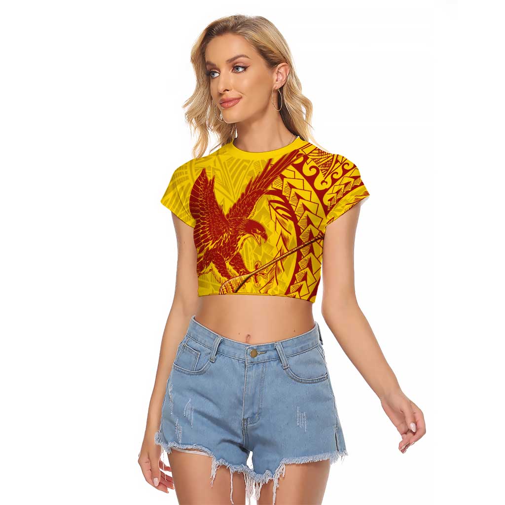 American Samoa Pago Pago Aeto Raglan Cropped T Shirt Wingstyle Red-Gold Color LT03 Female Yellow - Polynesian Pride
