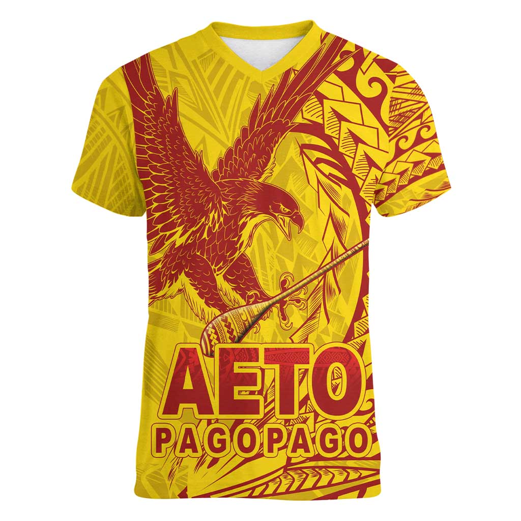 American Samoa Pago Pago Aeto Women V-Neck T-Shirt Wingstyle Red-Gold Color LT03 Female Yellow - Polynesian Pride