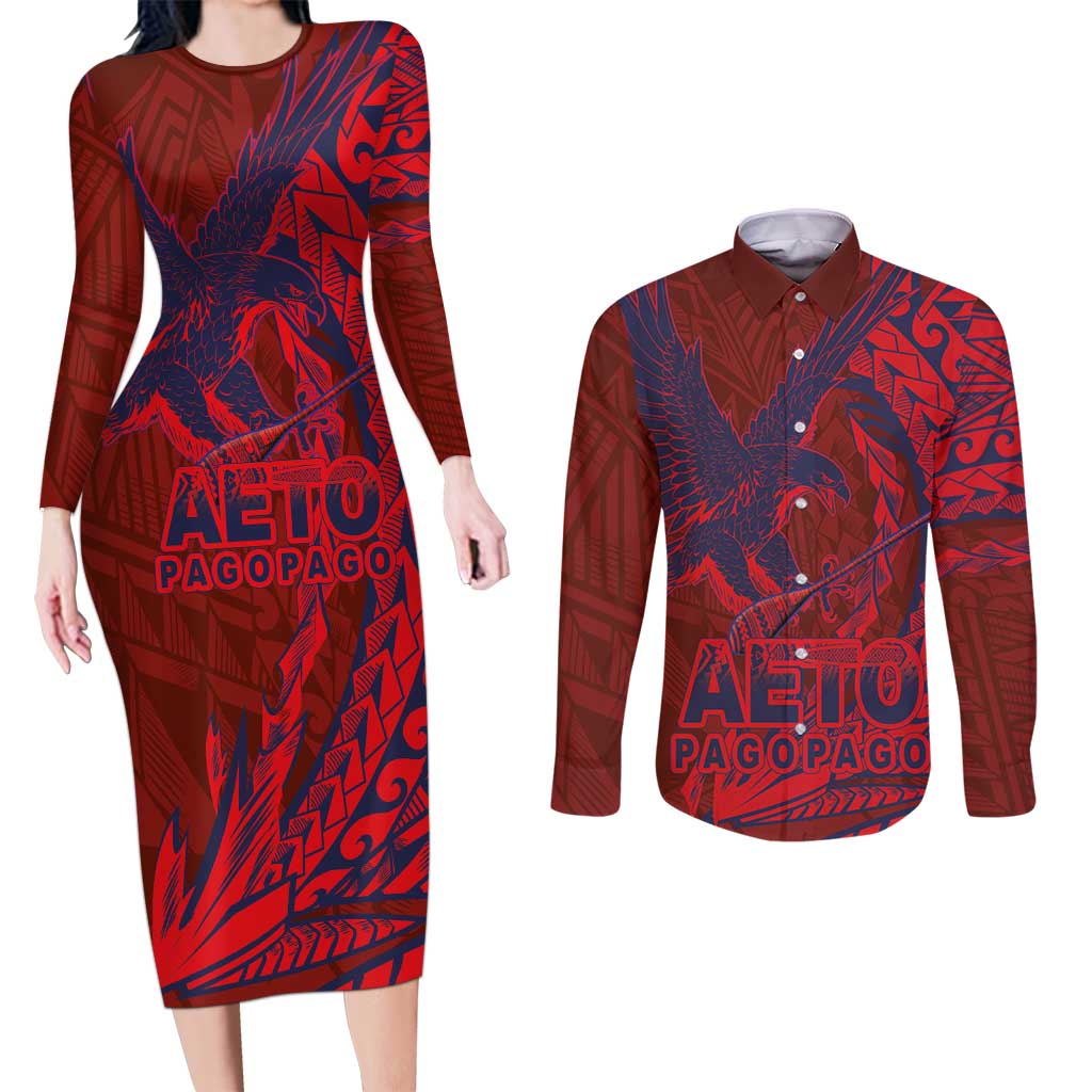 American Samoa Pago Pago Aeto Couples Matching Long Sleeve Bodycon Dress and Long Sleeve Button Shirt Wingstyle Red-Blue Color LT03 Red - Polynesian Pride