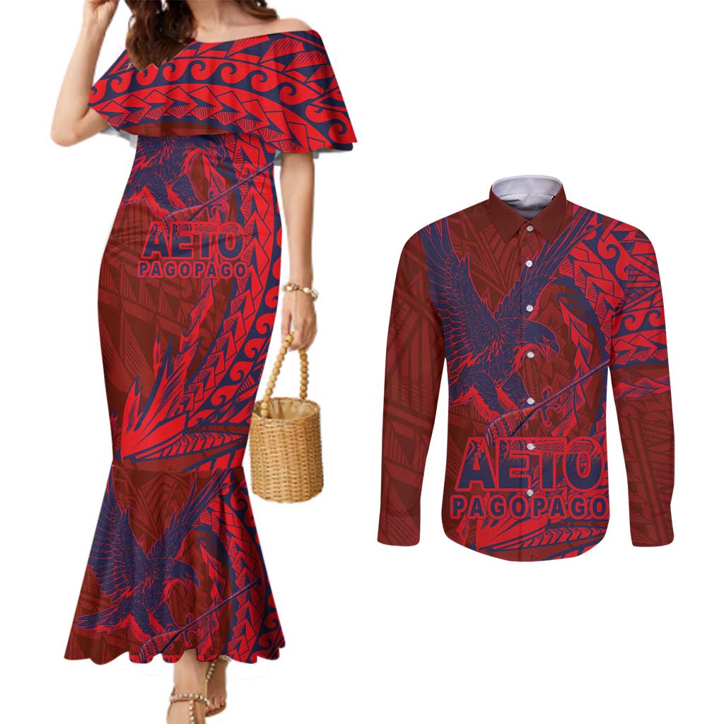 American Samoa Pago Pago Aeto Couples Matching Mermaid Dress and Long Sleeve Button Shirt Wingstyle Red-Blue Color LT03 Red - Polynesian Pride