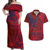 Samoa Pago Pago Aeto Couples Matching Off Shoulder Maxi Dress and Hawaiian Shirt Wingstyle Red-Blue Color - Polynesian Pride