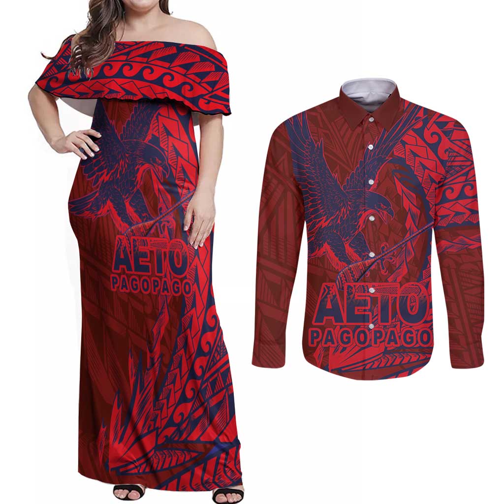 American Samoa Pago Pago Aeto Couples Matching Off Shoulder Maxi Dress and Long Sleeve Button Shirt Wingstyle Red-Blue Color LT03 Red - Polynesian Pride