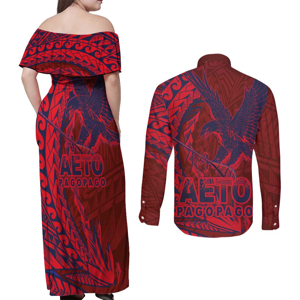 Samoa Pago Pago Aeto Couples Matching Off Shoulder Maxi Dress and Long Sleeve Button Shirt Wingstyle Red-Blue Color - Polynesian Pride