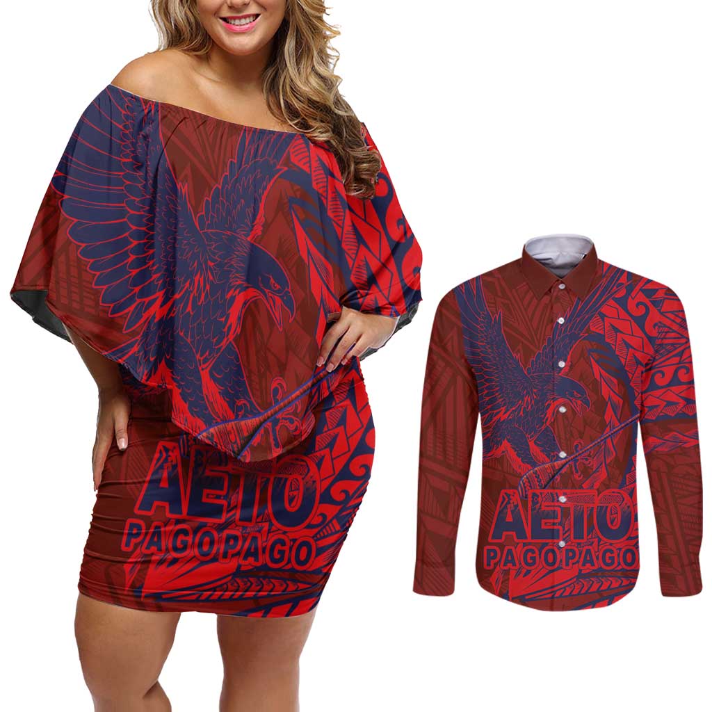 American Samoa Pago Pago Aeto Couples Matching Off Shoulder Short Dress and Long Sleeve Button Shirt Wingstyle Red-Blue Color LT03 Red - Polynesian Pride