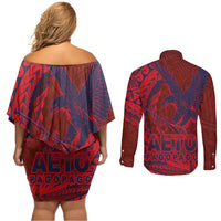Samoa Pago Pago Aeto Couples Matching Off Shoulder Short Dress and Long Sleeve Button Shirt Wingstyle Red-Blue Color - Polynesian Pride