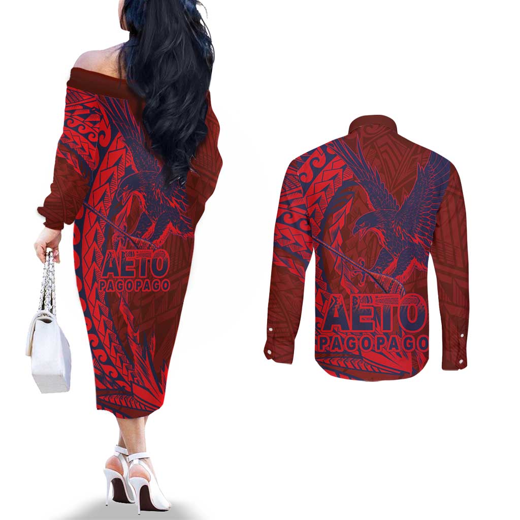 Samoa Pago Pago Aeto Couples Matching Off The Shoulder Long Sleeve Dress and Long Sleeve Button Shirt Wingstyle Red-Blue Color - Polynesian Pride