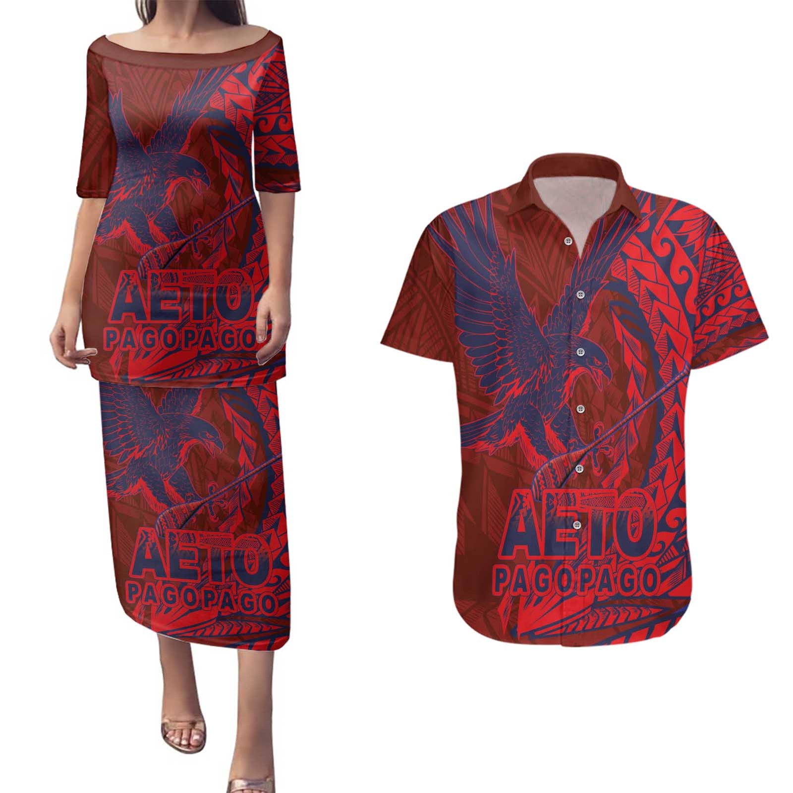 American Samoa Pago Pago Aeto Couples Matching Puletasi and Hawaiian Shirt Wingstyle Red-Blue Color LT03 Red - Polynesian Pride