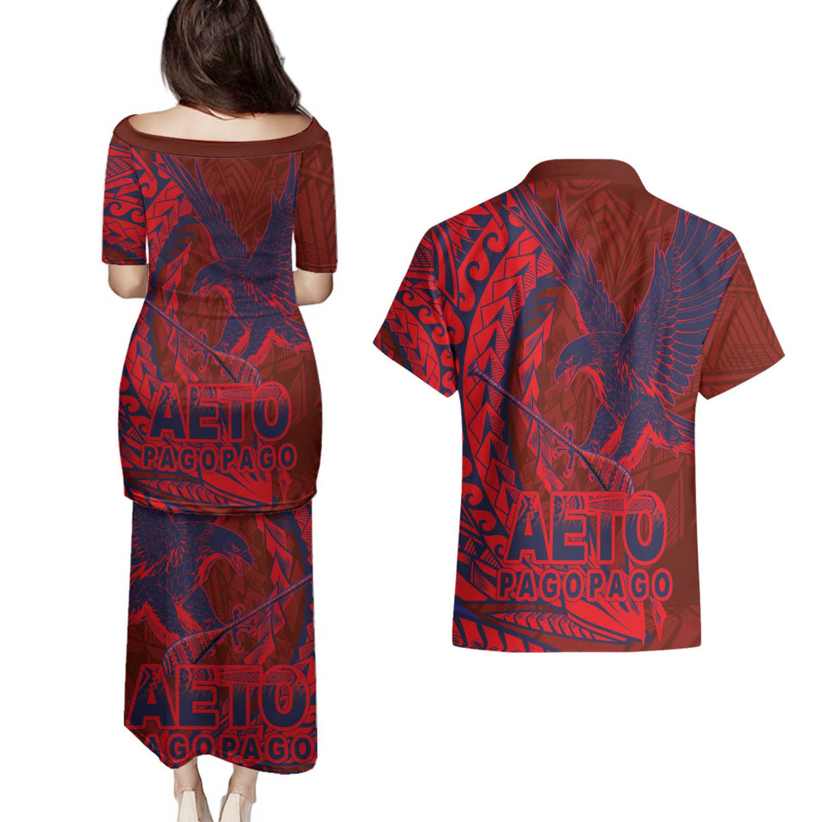 Samoa Pago Pago Aeto Couples Matching Puletasi and Hawaiian Shirt Wingstyle Red-Blue Color - Polynesian Pride