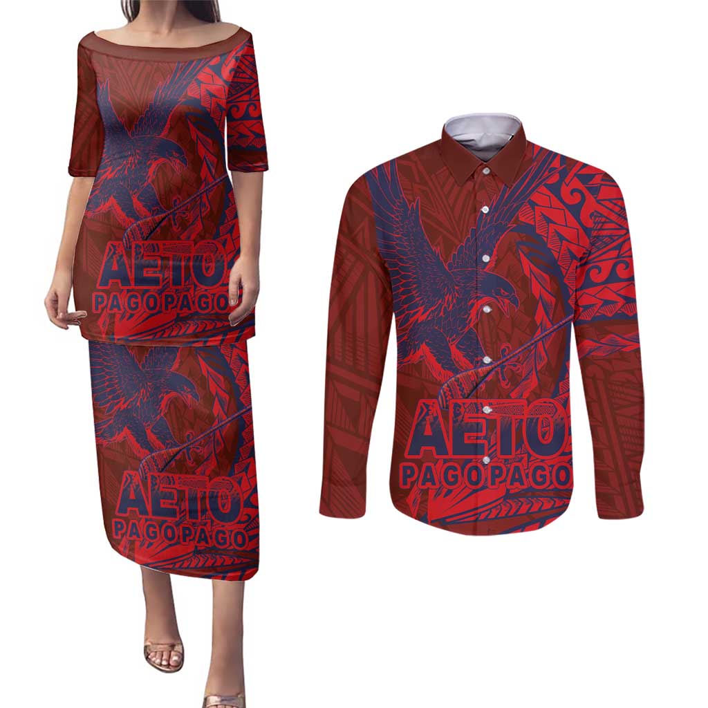 American Samoa Pago Pago Aeto Couples Matching Puletasi and Long Sleeve Button Shirt Wingstyle Red-Blue Color LT03 Red - Polynesian Pride