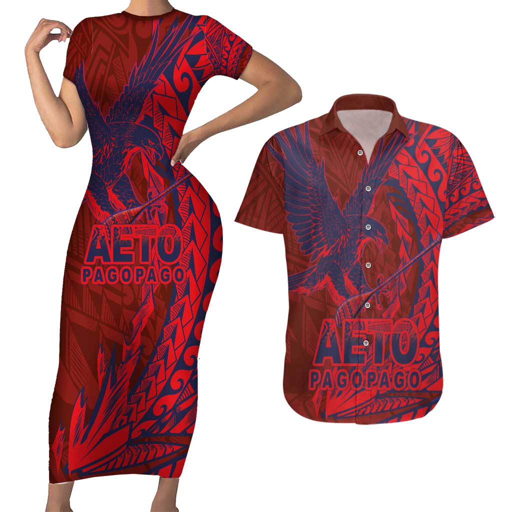 Samoa Pago Pago Aeto Couples Matching Short Sleeve Bodycon Dress and Hawaiian Shirt Wingstyle Red-Blue Color - Polynesian Pride