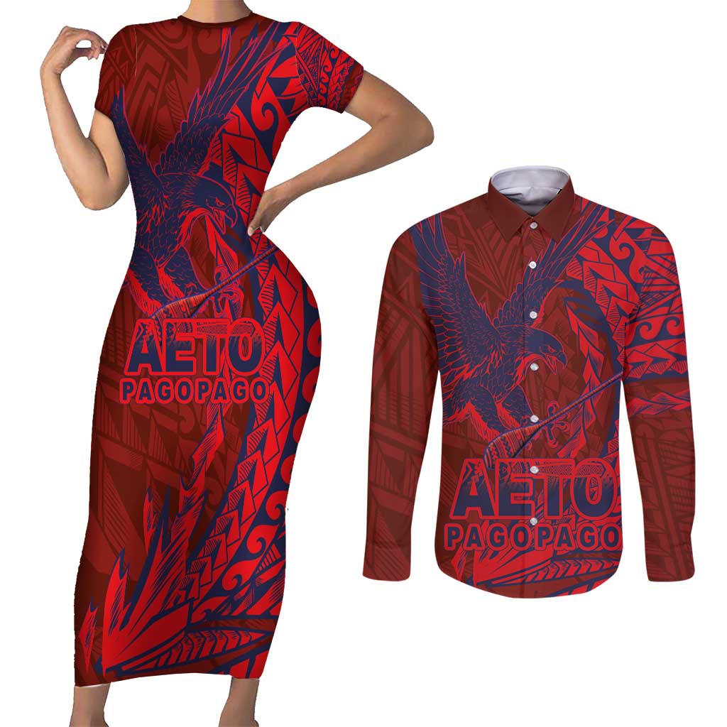 American Samoa Pago Pago Aeto Couples Matching Short Sleeve Bodycon Dress and Long Sleeve Button Shirt Wingstyle Red-Blue Color LT03 Red - Polynesian Pride