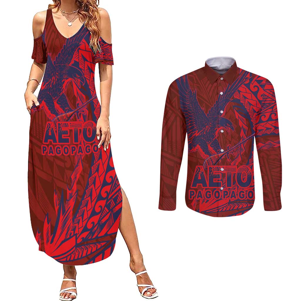 American Samoa Pago Pago Aeto Couples Matching Summer Maxi Dress and Long Sleeve Button Shirt Wingstyle Red-Blue Color LT03 Red - Polynesian Pride