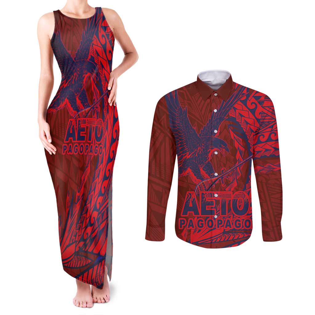 American Samoa Pago Pago Aeto Couples Matching Tank Maxi Dress and Long Sleeve Button Shirt Wingstyle Red-Blue Color LT03 Red - Polynesian Pride