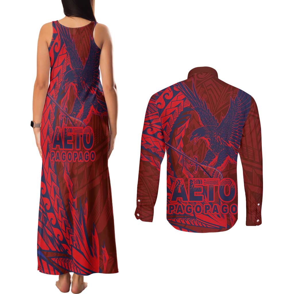 Samoa Pago Pago Aeto Couples Matching Tank Maxi Dress and Long Sleeve Button Shirt Wingstyle Red-Blue Color - Polynesian Pride