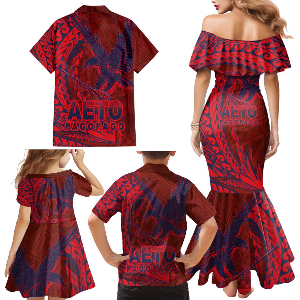 Samoa Pago Pago Aeto Family Matching Mermaid Dress and Hawaiian Shirt Wingstyle Red-Blue Color - Polynesian Pride