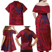 Samoa Pago Pago Aeto Family Matching Off Shoulder Maxi Dress and Hawaiian Shirt Wingstyle Red-Blue Color - Polynesian Pride