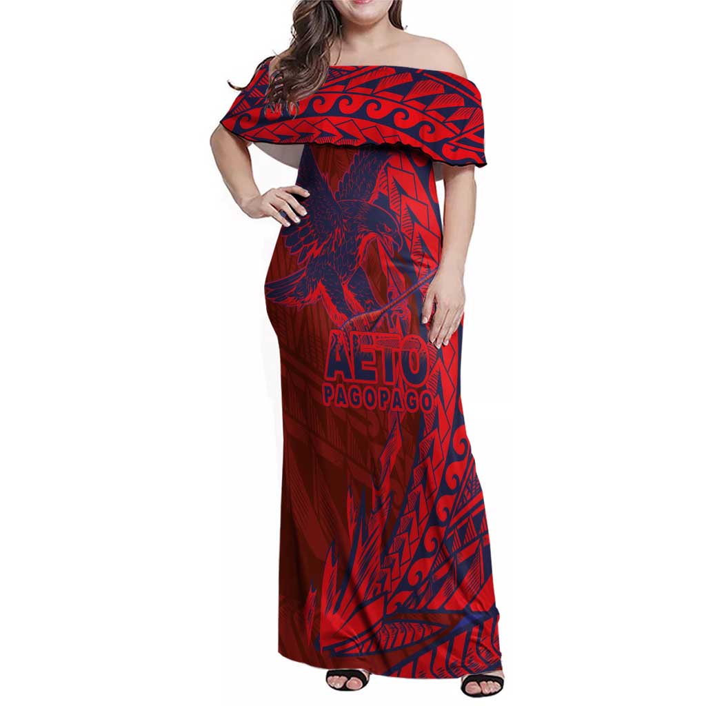 Samoa Pago Pago Aeto Family Matching Off Shoulder Maxi Dress and Hawaiian Shirt Wingstyle Red-Blue Color - Polynesian Pride