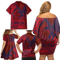Samoa Pago Pago Aeto Family Matching Off Shoulder Short Dress and Hawaiian Shirt Wingstyle Red-Blue Color - Polynesian Pride