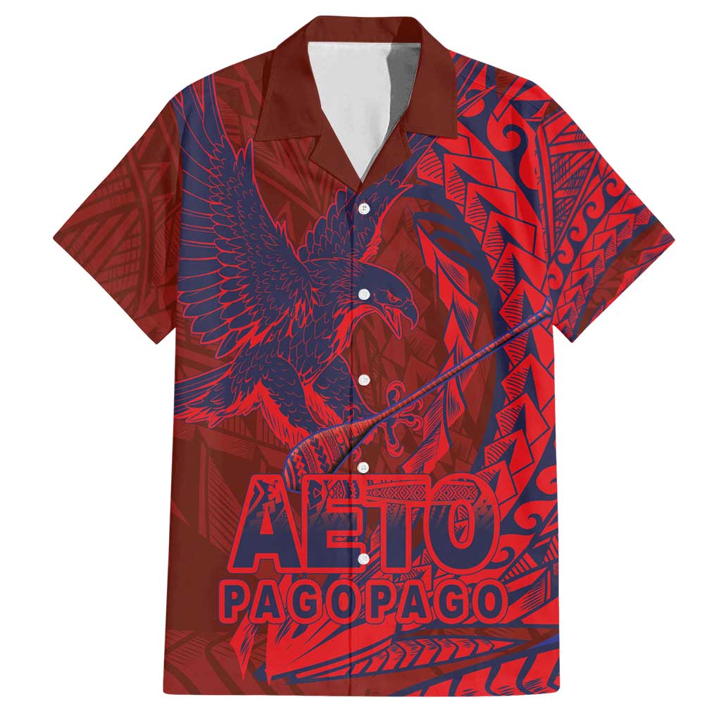 Samoa Pago Pago Aeto Family Matching Off Shoulder Short Dress and Hawaiian Shirt Wingstyle Red-Blue Color - Polynesian Pride